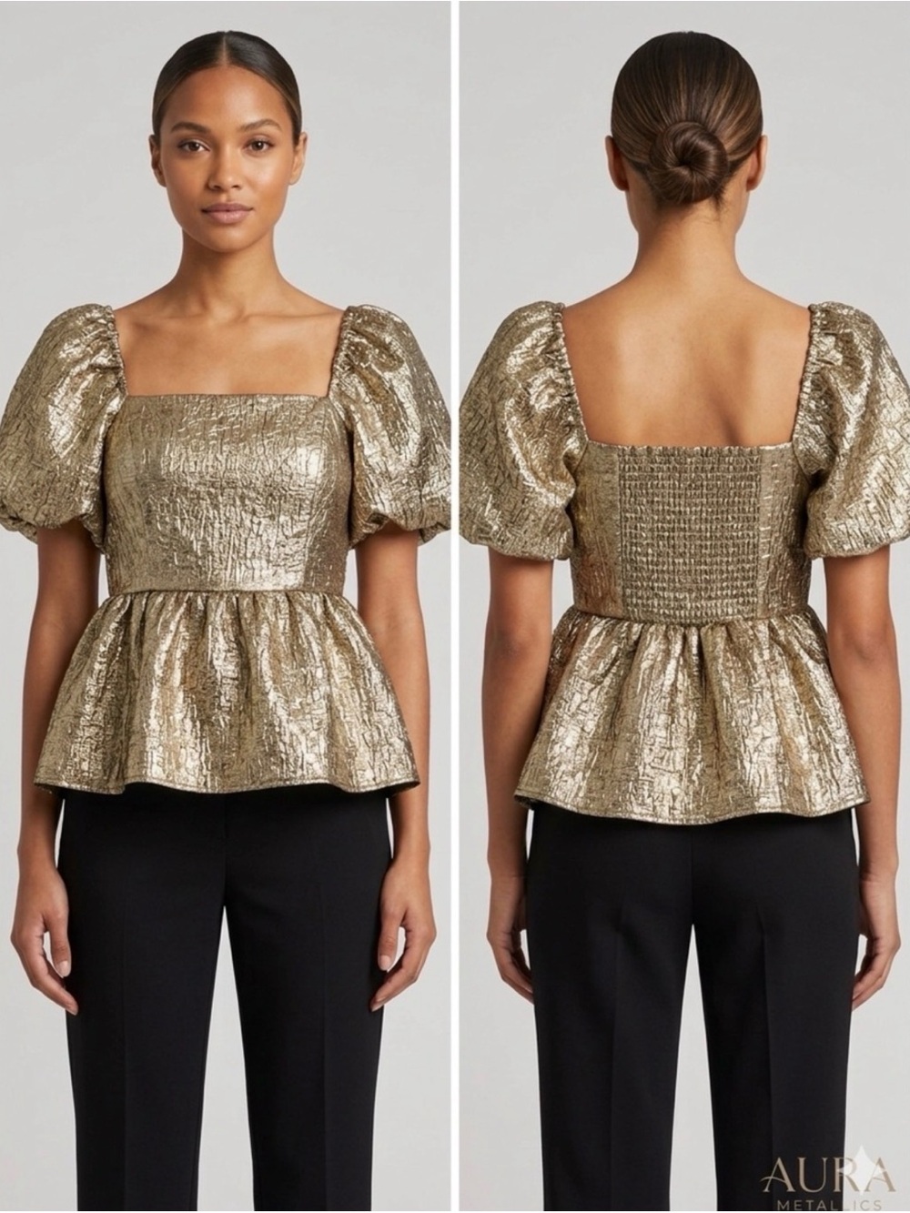 LC Lauren Conrad Metallic Gold Puff-Sleeve Peplum Top